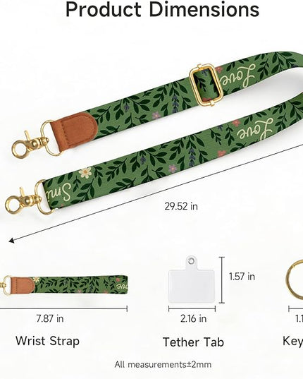 Cell Phone Lanyard Crossbody with Wrist Strap, Forest Green Floral Illustration Phone Lanyard Wrist for Phones, Wallet, Keychain and ID Card – Universal Set