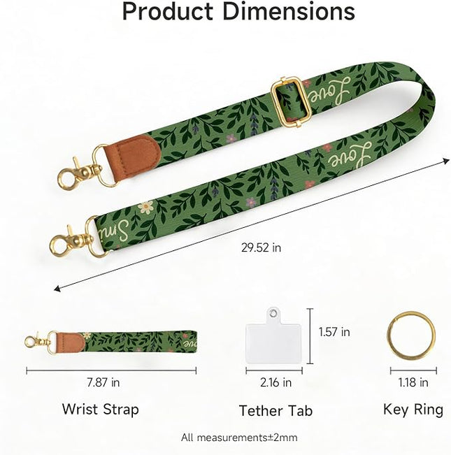 Cell Phone Lanyard Crossbody with Wrist Strap, Forest Green Floral Illustration Phone Lanyard Wrist for Phones, Wallet, Keychain and ID Card – Universal Set