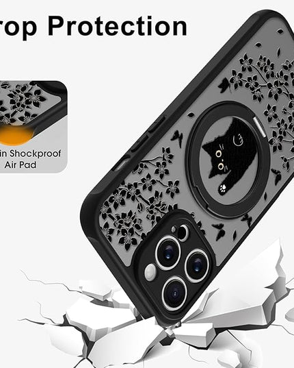 Cute Case for iPhone 14 Pro Max Case with Stand [ Compatible with MagSafe ] Kawaii Black Cat & Floral & Butterflies Pattern Design 360 Magnetic Ring Kickstand Phone Cover for Women Girls Boys