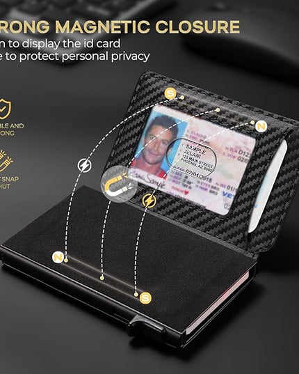 RUNBOX Slim Card Wallet for Men with ID Window – Minimalist RFID Wallet, Pop-Up Function, Ultra Thin Design, Metal Business Card Case Holds 8+ Cards, Gifts for Men, Men's Accessories