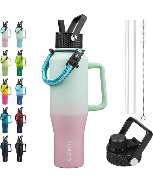 BJPKPK Insulated Water Bottles with Straw Lid, 40oz Metal Water Bottle with 2 lids & Paracord Strap, Double Wall Stainless Steel Tumbler with Handle, Reusable Cups, Mugs, Thermo, Marshmallow