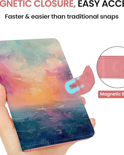 Passport Holder for Travel Essentials, RFID Blocking Leather Cover Wallet with Magnetic Closure, Aesthetic & Cute Passport Book Case for Women and Men - Sunrise (Upgraded with Money Pocket)