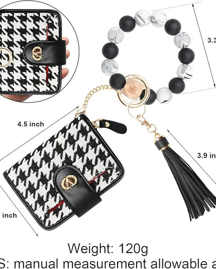 Multi-Purpose Wallet High Capacity Card Holder Zipper Coin Purse with Wristlet Bracelet Keychain Silicone Beaded Bangle Key Ring