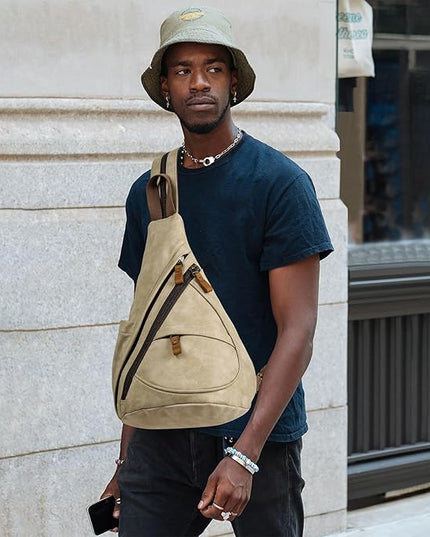 KL928 PU Leather Sling Bag - Small Crossbody Backpack Shoulder Casual Daypack Rucksack for Men Women