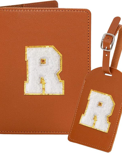 ULICO Initial Passport Cover and Luggage Tag Set,PU Leather Letter Passport Case Holder Travel Suitcase Tag, Personalized Travel Luggage Accessories Gifts for Women Kids Teenage Brown R