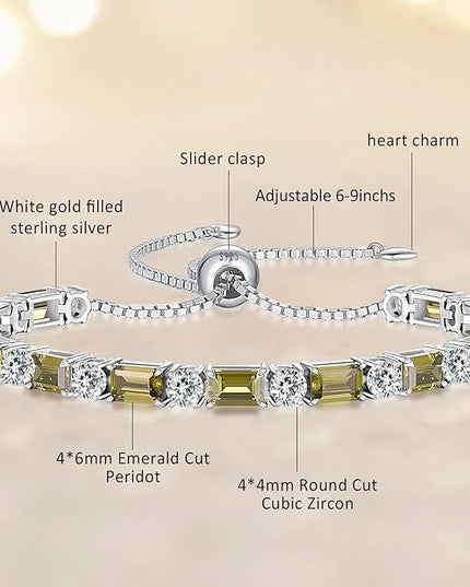 Birthstone Tennis Bracelets for Women White Gold Sterling Silver Gemstone Bracelets Adjustable Chain 6-9 Inchs Jewelry Anniversary Birthday Gifts for Women Mom Wife Her