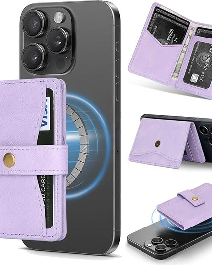 Ultra-Thin Magnetic Wallet Card Holder for iPhone and All MagSafe Protective Cases，Premium PU leather, powerful magnetic closure, stand function, 6 card slots (Purple)