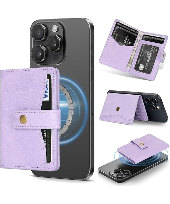 Ultra-Thin Magnetic Wallet Card Holder for iPhone and All MagSafe Protective Cases，Premium PU leather, powerful magnetic closure, stand function, 6 card slots (Purple)