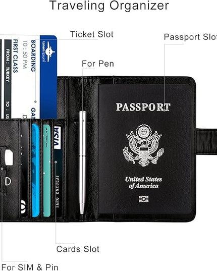WALNEW Passport Holder for Travel, RFID Passport Cover Wallet for Women Men, PU Leather Passport Book Card Holder Case with Pen (Buckle Closure, Buckle-Black)