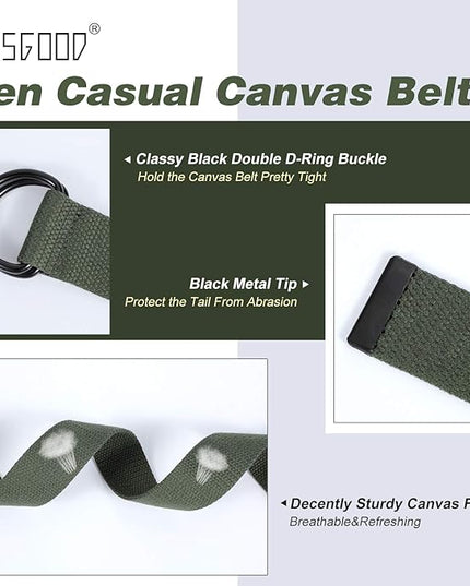 JASGOOD Men Canvas Belt Web Fabric Casual Belt with Black Double D-ring 1 1/2" Wide Set of 2