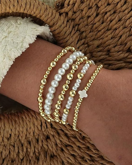 Gold Beaded Bracelets for Women, 14K Real Gold Plated Jewelry for Women Dainty Pearl Bead Bracelets Stack, Non Tarnish Trendy Stackable Ball Cross Stretch Bracelet Set Fashion Accessories Gifts
