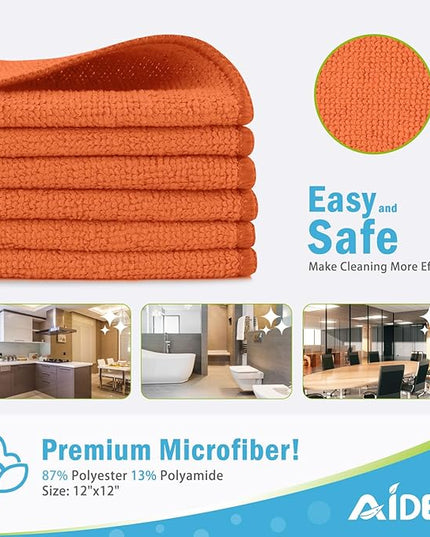 AIDEA Microfiber Cleaning Cloth-12PK, Soft Microfiber Towels for Cars, Absorbent Cleaning Rags, Lint-Free Streak-Free Wash Cloths for House, Kitchen, Window(12in.x12in), Orange