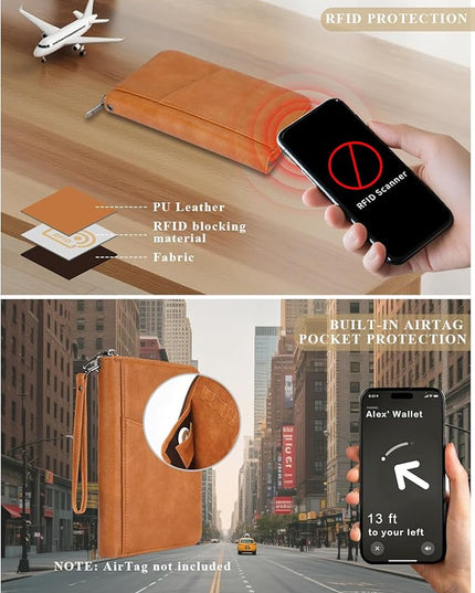 Family Passport Holder Wallet RFID Travel Document Organizer for Women Men, Portable Case Cover for Cards, Boarding Pass with Wrist & Neck Double Strap, Travel Christmas Gifts (Apricot, 1pack)