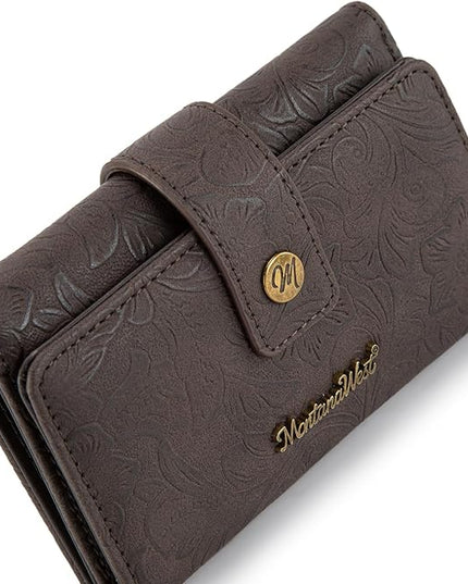 Montana West Womens Wallet Small Western Embossed Floral Wallet for Women Trifold Card Holder Wallets Ladies Female RFID Blocking Wallets Coffee with ID Window