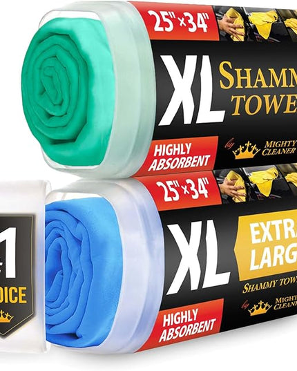 Premium XL Shammy Towel for Car - 2pk (34”x25”) - Super Absorbent Chamois Cloth - Spots & Scratch-Free - Reusable Car Drying Towel