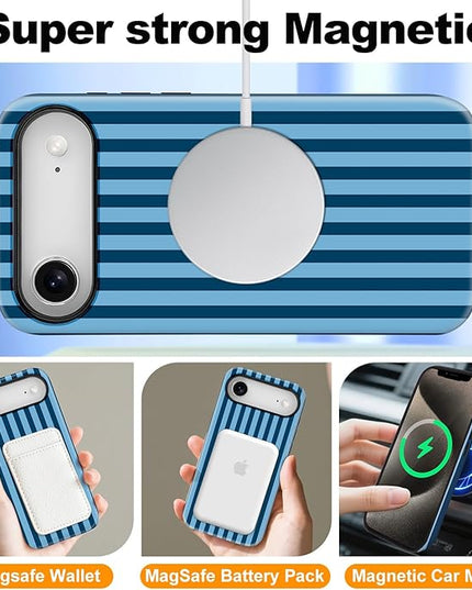 Magnetic for iPhone 17 Air Case Cute Stripes Phone Case, Shockproof Slim TPU and Hard PC Protective Phone Cover Compatible with MagSafe Designed for Women Girls, Lake Blue