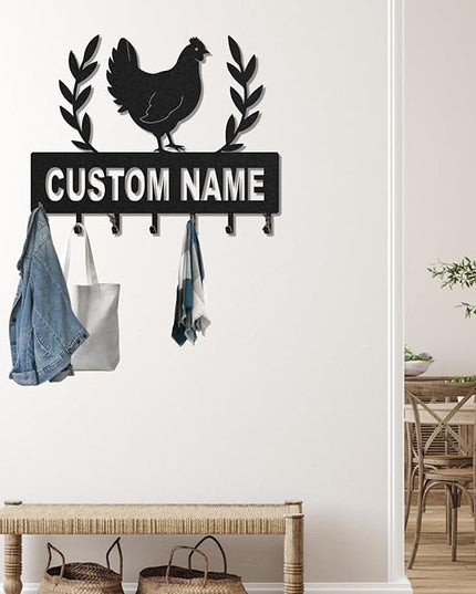 LOWACOS Personalized Key Holder for Wall, Custom Metal Chicken Key Hooks with Name, Meta Jacket Holder Hooks Organizer Rack, Jacket Hanger Decor for Kitchen, Entryway, Hallway, Office, Doorway