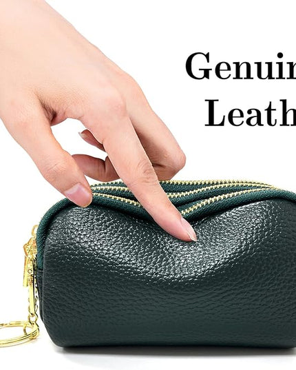 LINNO 3 Zippered Genuine Leather Coin Purse Triple Capacity Change Pouch Little Travel Wallet With Key Ring for Women