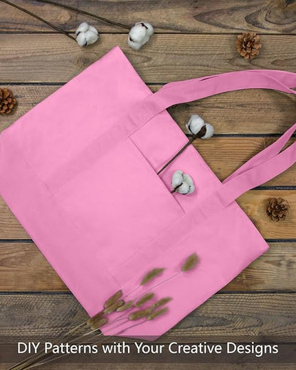 TOPDesign 3-Pack Canvas Tote Bags with an External Pocket, Reusable Grocery Shopping Bags, Top Zipper Closure, Daily Essentials (Pink)