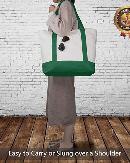 TOPDesign 3-Pack Canvas Tote Bags with an External Pocket, Reusable Grocery Shopping Bags, Top Zipper Closure, Daily Essentials (Green/Natural)