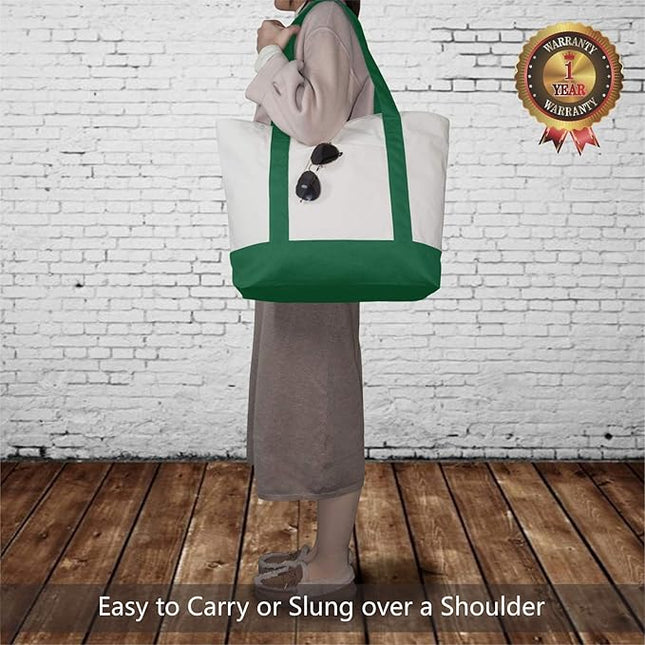 TOPDesign 6-Pack Canvas Tote Bags with an External Pocket, Reusable Grocery Shopping Bags, Top Zipper Closure, Daily Essentials (Green/Natural)