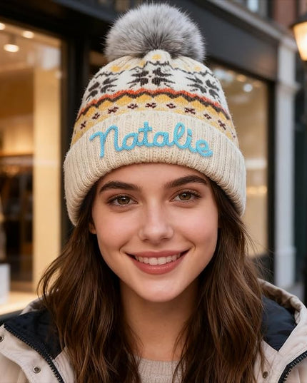 Personalized Beanie for Women Custom Knit with Name, Winter Hat with Pom Pom, Soft Lined Warm Hat, Birthday Gift