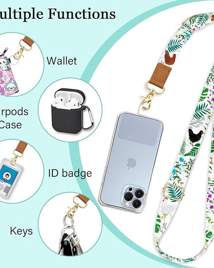 Phone Lanyard Crossbody Wrist Strap, Flower Chickens Cell Phone Lanyards for Around the Neck Wristlet Shoulder, Adjustable Cute Floral Strap for Keys Keychain Wallet ID Badge