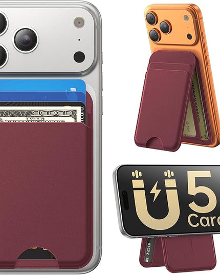 Fanseesy for MagSafe Wallet with Stand, 5 Card Holder, Slim Leather Magnetic Wallet for iPhone 17/16/15/14/13/12 Pro Max Plus Air Series, 3 Card Slots & 1 Cash Slot,WineRed