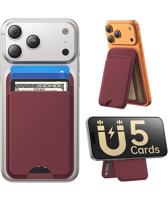 Fanseesy for MagSafe Wallet with Stand, 5 Card Holder, Slim Leather Magnetic Wallet for iPhone 17/16/15/14/13/12 Pro Max Plus Air Series, 3 Card Slots & 1 Cash Slot,WineRed