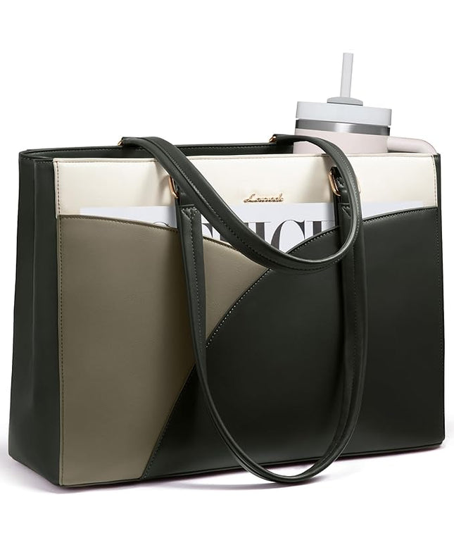 LOVEVOOK Laptop Bag for Women,17.3Inch Work Teacher Bags Leather Tote Bag Briefcase Waterproof Computer Bag for Women，White and Green