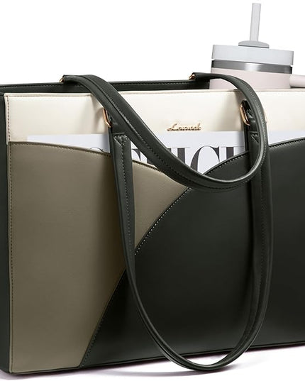 LOVEVOOK Laptop Bag for Women,16 Inch Work Teacher Bags Leather Tote Bag Briefcase Waterproof Computer Bag for Women，White and Green