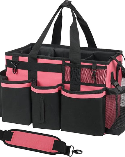 Wearable Cleaning Caddy, Cleaning Caddy Supplies Organizer with Handle & Shoulder Straps for Housekeepers, Under Sink & Car Cleaning Tool Organizers Bag with 4 Foldable Divider (OleanderRed)