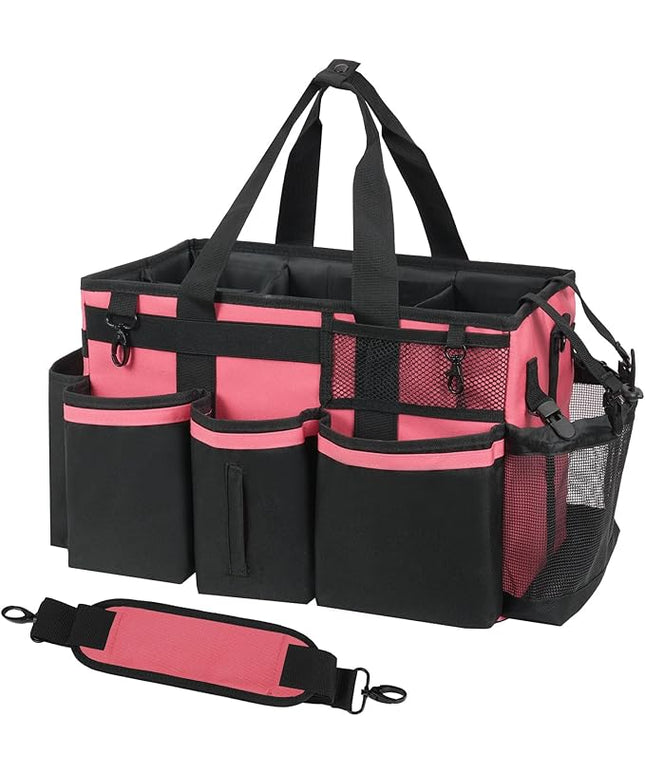 Wearable Cleaning Caddy, Cleaning Caddy Supplies Organizer with Handle & Shoulder Straps for Housekeepers, Under Sink & Car Cleaning Tool Organizers Bag with 4 Foldable Divider (OleanderRed)