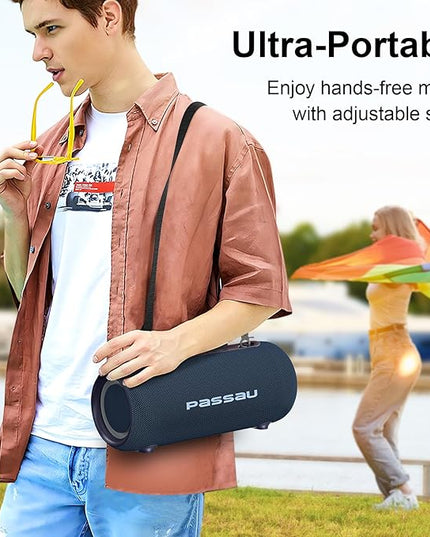 Passau Portable Bluetooth Speakers 40W Peak Loud Stereo Sound, Passive Radiators-Deep Bass, All Day Playtime, Adjustable Strap, BT5.3, IPX5 Wireless Speaker RGB Lights for Indoor Outdoor-Blue