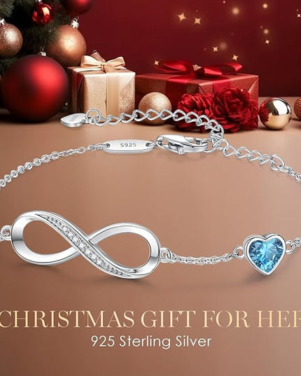 CDE Valentine's Day Gift Infinity Heart Birthstone Charm Link Bracelet for Women 925 Sterling Silver Adjustable Mother's Day Christmas Day Gift Anniversary Birthday Jewelry for Wife Girlfriend Her