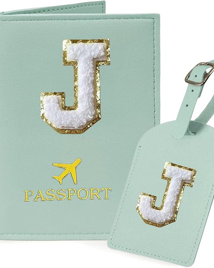 COSHAYSOO Green Initial Passport Cover Holder and Luggage Tag Set TSA Approved with Chenille Letter Patch ABC for Women Teenage Girls, Travel Essentials Must Have Stuff Bag Suitcase Identifier (J)