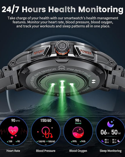 Military Smart Watch for Men(Answer/Dial Calls),1.46'' AMOLED Touchscreen/5ATM Waterproof/120+ Sports Modes Fitness Watch with Blood Pressure/Heart Rate/SpO2/Pedometer for Android/iOS Smartwatch