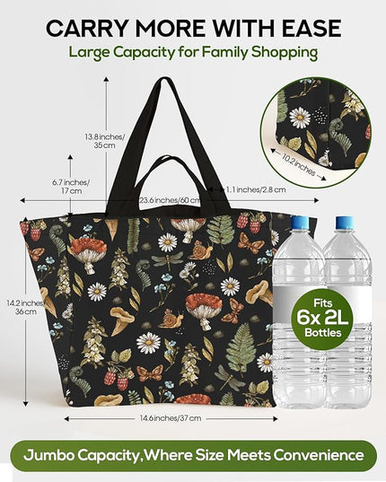Large Canvas Grocery Tote Bag - Reusable Extra Large Shopping Shoulder Bags with 6 Inner Pockets & 2 Handle Strap
