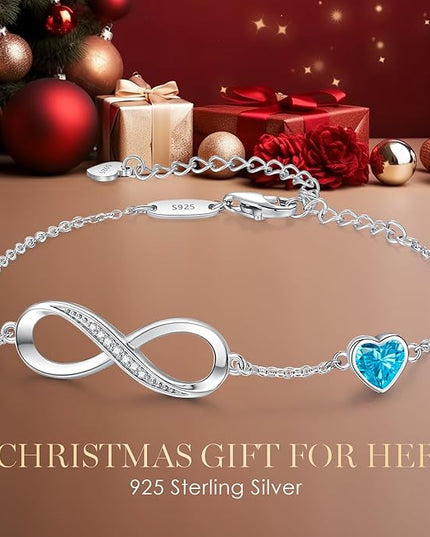 CDE Valentine's Day Gift Infinity Heart Birthstone Charm Link Bracelet for Women 925 Sterling Silver Adjustable Mother's Day Christmas Day Gift Anniversary Birthday Jewelry for Wife Girlfriend Her