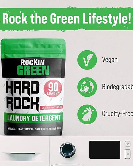 Rockin' Green Hard Rock Laundry Detergent for Hard Water (90 Loads), Plant based, Natural Laundry Detergent Powder, Biodegradable Odor Fighter, Safe for Sensitive Skin, 45 oz (Smashing Watermelons)