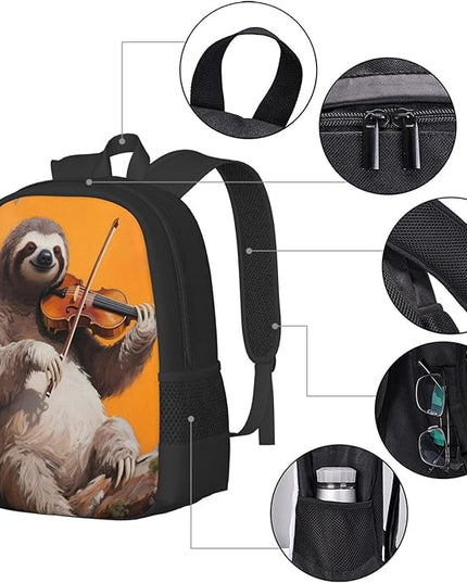 Sloth Plays Violin Notebook Backpack Fits 15 Inch Laptop Casual Backpack Casual Daypack