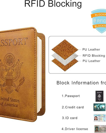 WALNEW Passport Holder for Travel, RFID Passport Cover Wallet for Women Men, PU Leather Passport Book Card Holder Case with Pen (Elastic Band Closure, AA-Brown+Rosegold)