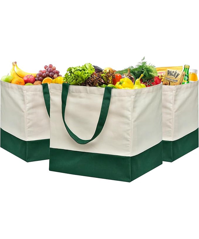 3 Pcs Reusable Grocery Bags - Heavy Duty Canvas Bag, 8.3 gal Foldable Large Canvas Tote Bag with Handles, Holds 60 lbs Tote Shopping Bags,100% Cotton（Retro Green）