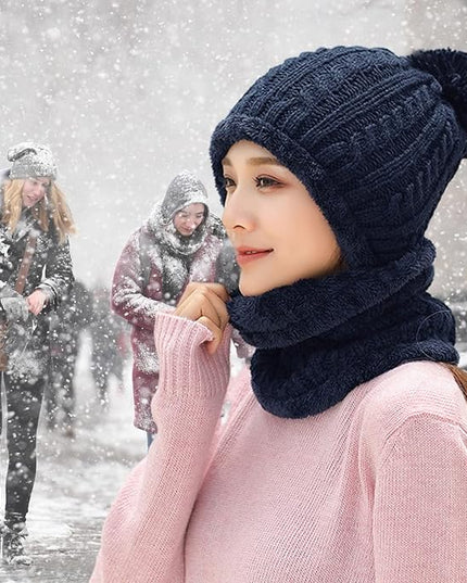 HUAMULAN Women Winter Beanie Hats One Piece Fleece Lined Knit Balaclavas Mask Set Skull Neck Circle Scarf Ski Snow Hat Pompom
