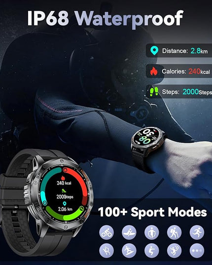 LIGE DM1 GPS Military Smart Watch for Men (Answer/Make Calls), 100+ Sports Modes Fitness Tracker, LED Flashlight/Compass/45 Days Battery/IP68 Waterproof 1.43'' AMOLED Smartwatch for Android iOS