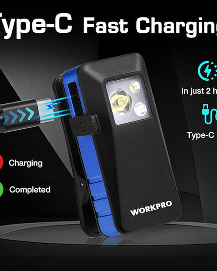 WORKPRO EDC Flashlight Clip-on Light, 500 Lumens Rechargeable Flashlight with Type-C, Magnetic Pocket Light for Working, Cycling, Signaling, Running, Camping, Blue