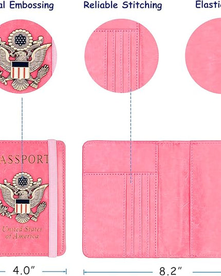 TOURSUIT RFID Blocking Passport Holder for Women Men, Leather Passport Travel Wallet with Metal 3D Metal Badge, Travel Document Holder Cover Accessories (Pink)