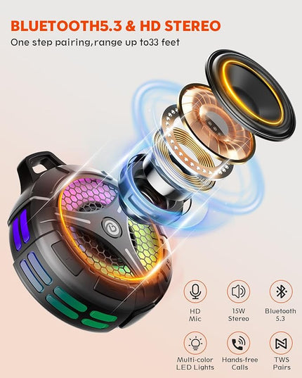 Bluetooth Shower Speaker, Suction Cup, Small Portable Wireless IPX7 Waterproof Outdoor Speakers, 15W Loud Stereo Sound Deep Bass, TWS Pairs, 6 Mode RGB Lights, All Ages Gift for Christmas