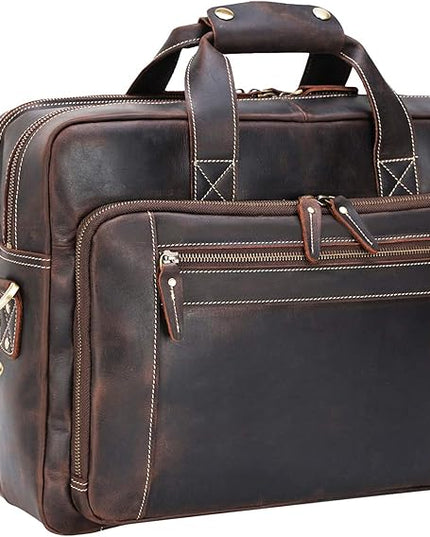 Men's Solid Thick Full Grain Leather 17.3" Laptop Briefcase Classic Messenger Bag Fit Business Travel | Solid, Thick, Full Grain Leather, 17.3", Classic, Fit, Business Travel