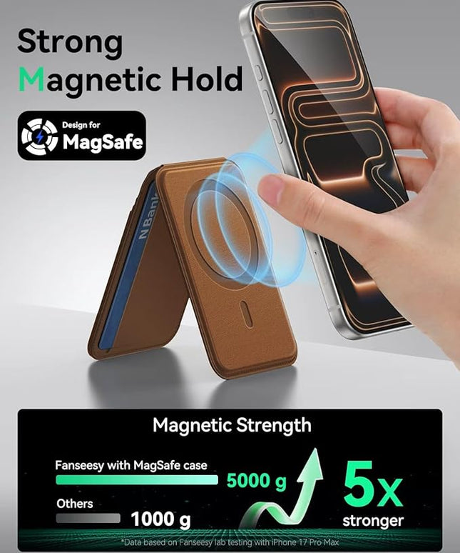 Fanseesy for MagSafe Wallet with Stand, 5 Card Holder, Slim Leather Magnetic Wallet for iPhone 17/16/15/14/13/12 Pro Max Plus Air Series, 3 Card Slots & 1 Cash Slot,Coffee